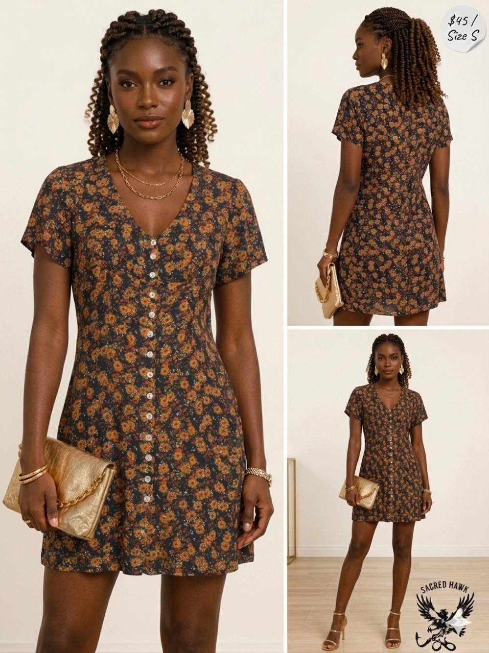 Black Mini Dress with Brown Floral Print